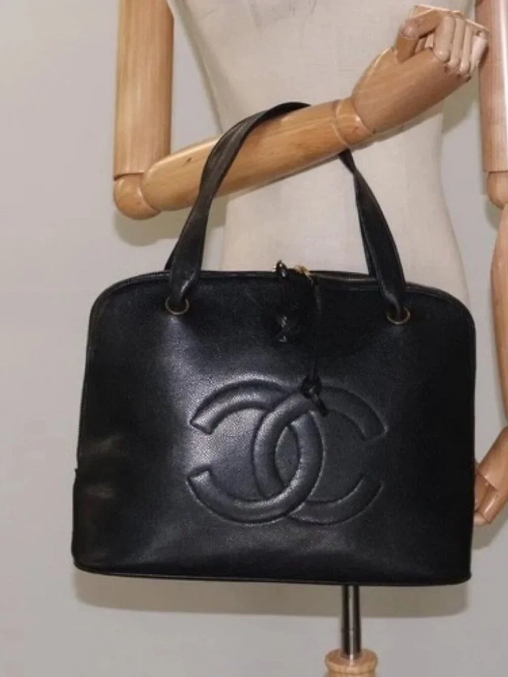 CHANEL COCO Mark Hand Bag Calf Skin Black Gold CC Auth yk17997